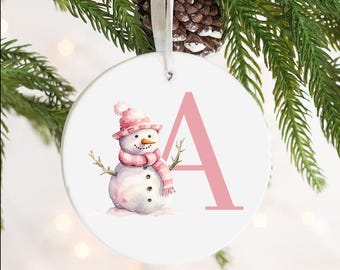 Personalised Initial Christmas Tree Decorations - Ceramic Decorations - Tree decorations - Christmas Gift - Cute Snowman - PINK Personalised