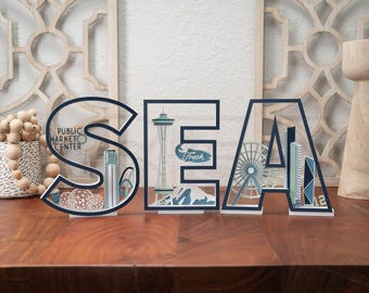 Seattle Landmark Letters: Space Needle, Pike Place Market, Mount Rainier