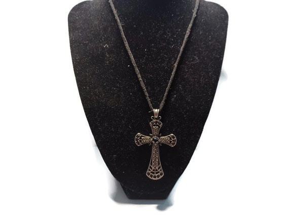 Vtg 80s Silver Tone And Black Rhinestone Cross Ne… - image 1