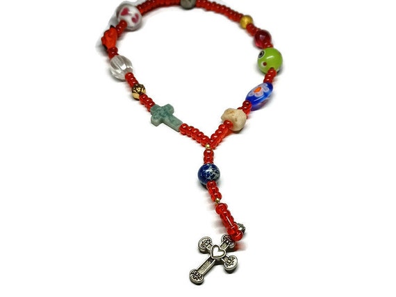 Vtg 90s Handpainted Bead Cross Bracelet - image 1