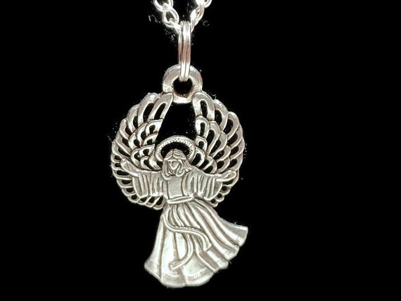 Vtg 90s Swooping Pewter Angel Necklace - image 2