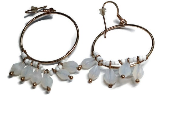 Vtg 80s White Glass Bead Hoop Earrings - image 1