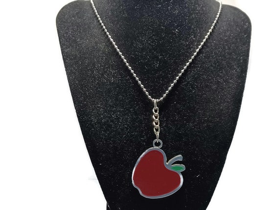 Vtg 90s Enamel Red Apple On Ball Chain Necklace - image 1