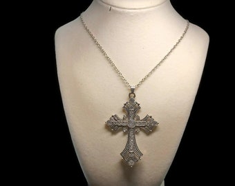 Vtg 90s Large Rhinestone And Crystal Cross Neecklace