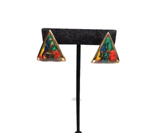 VTg 90s Enameled Multi-Colored Triangular Curved Earrings