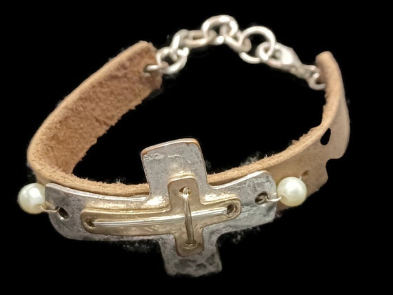 Vtg 90s Leather Silver Tone And Gold Tone Cross B… - image 1