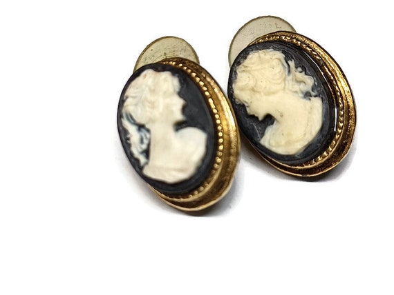 Vtg 90s Black And White Victorian Style Cameo Ear… - image 2