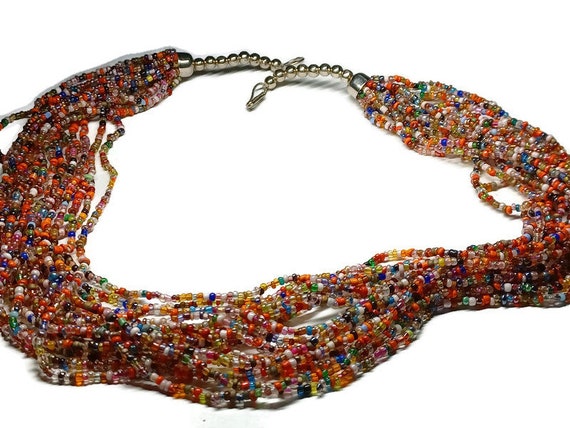 Vtg 80s 17 Strand Glass Bead Multicolor Necklace - image 1