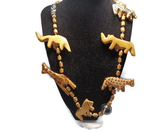 Vtg 90s Hand Carved Beasts Of The Jungle Necklace