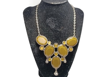 Vtg 80s  Silver Tone And Gold Colored Stones Bib Necklace