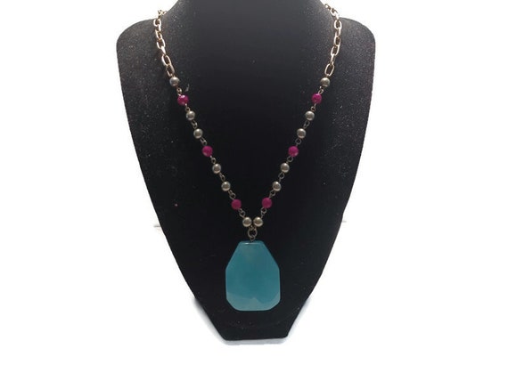 Vtg 80s Blue/Green Amazonite And Pink Agate Penda… - image 1