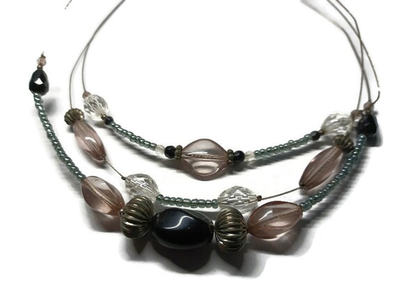 Vtg 90s Illusion Necklace, Black, Silver Tone, Clear, Smokey Beads 