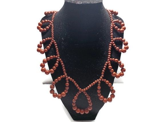 Vtg 80s Red Jasper Bead Necklace - image 1