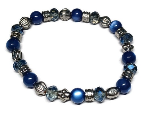Vtg 90s Blue And Silver Tone Bead Bracelet - image 1