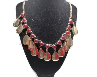 Vtg 80s Gold Tone Teardrop Black And Burgundy Bead Bib Necklace