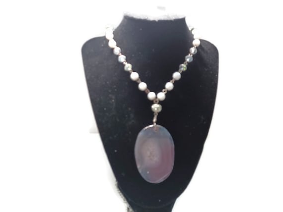 Vtg 80s Glass Bead Agate Slice Pendant Necklace - image 1