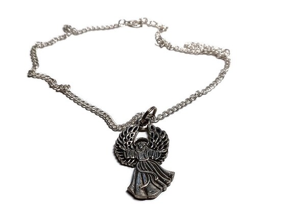 Vtg 90s Swooping Pewter Angel Necklace - image 3