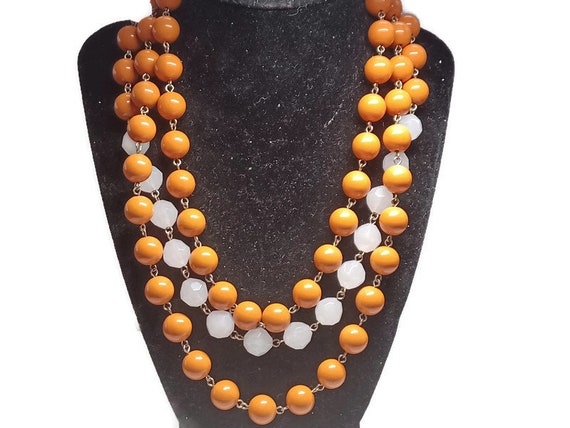 Vtg 80s Orange And White 3 Strand Necklace - image 1