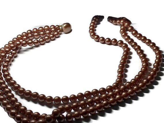 Vtg 80s 3 Strand Brown Faux Pearls - image 1