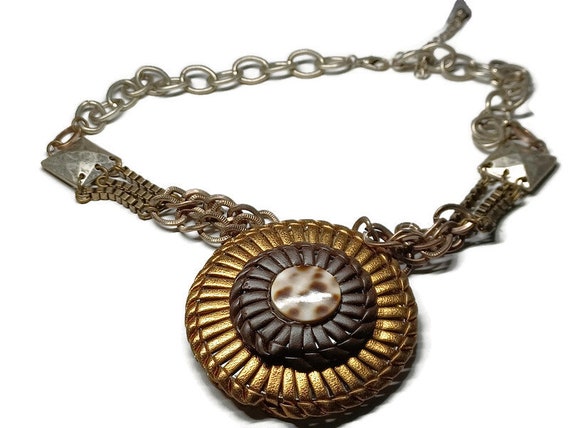 Vtg 80s Leather and Agate Medallion Necklace - image 1