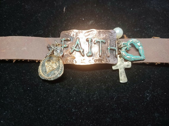 Vtg 90s "FAITH" Copper And Lather Bracelet - image 1