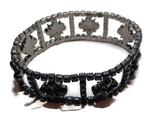 Vtg 90s Black Crystal Bead Bracelet - image 1
