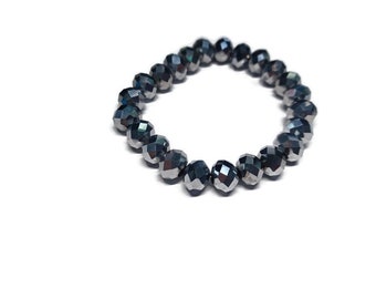Vtg 90s Dark Gray Faceted Glass Bead Bracelet