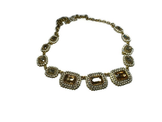 Vtg 80s Golden Glass With Rhinestones Necklace - image 1