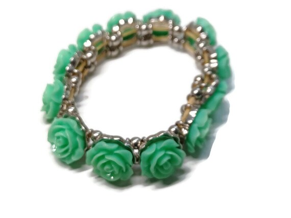 Vtg 90s Green Roses Silver Tone Bracelet - image 3