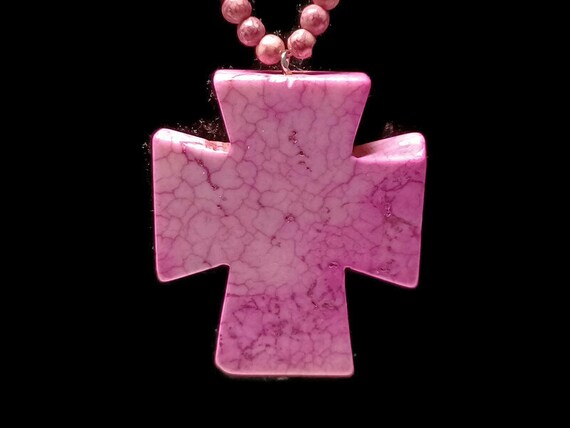 Vtg 80s Rhodonite Bead Maltese Style Cross Neckla… - image 2