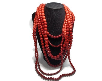 Vtg 80s Ombre Red Orange To Deep Red 6 Strand Bead Necklace