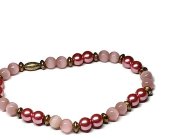 Vtg 90s Bracelet perlé en verre rose