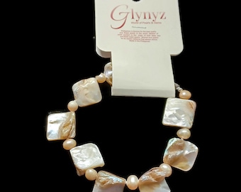 Vtg 90s Glynyz NOUVEAU bracelet en nacre/abalone beige