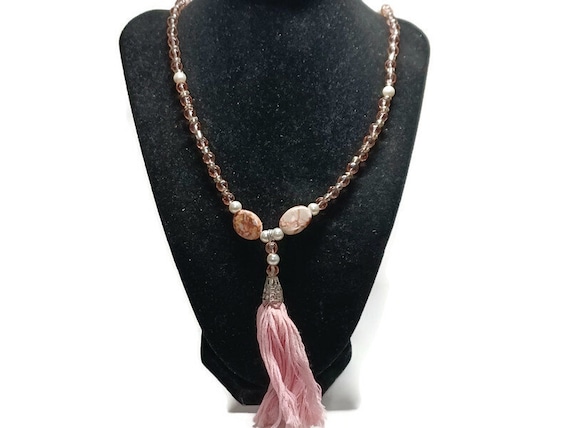 Vtg 90s Rhodochrosite Faux Pearl And Pink Glass B… - image 1