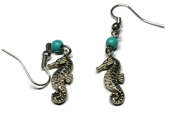 Vtg 80s Silver Tone Sea Horse Earrings