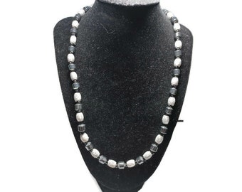 Vtg 90s Black And Silvery White Gemstone Necklace