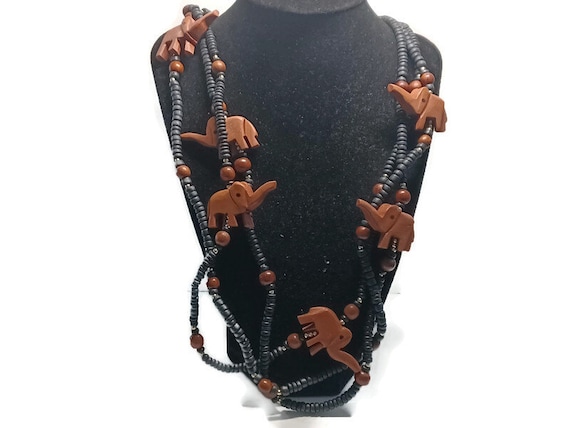 Vtg 80s Handcarved Black Wood Bead Elephant Doubl… - image 1