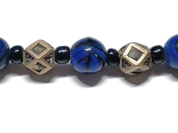 Vtg 80s Navy Lapis Lazuli Beads Black  Glass And … - image 4