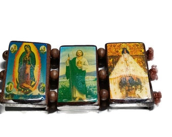 Vtg 80s Religious Portraits Wooden Cuff Bracelet