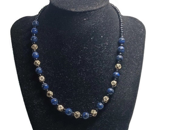 Vtg 80s Navy Lapis Lazuli Beads Black  Glass And … - image 1