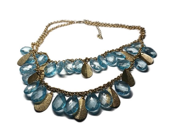 Vtg 80s 2 Strand Blue And Gold-Tone Necklace - image 1
