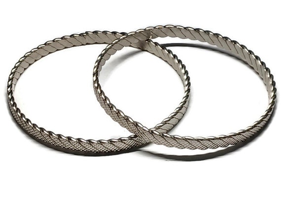 2 Vtg 90s Embellished Silver Tone Bangle Bracelets - image 1