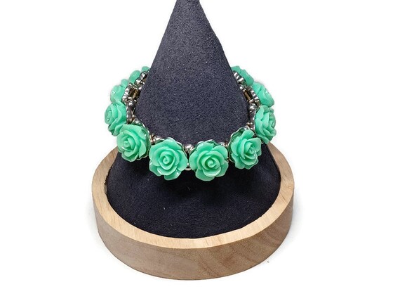 Vtg 90s Green Roses Silver Tone Bracelet - image 1