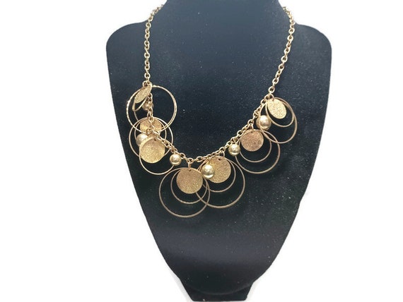 Vtg 80s Gold Tone Circles Bib Necklace - image 1