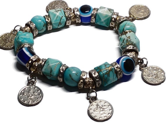 Vtg 90s  Turquoise And Evil Eye Marble Coin Brace… - image 1