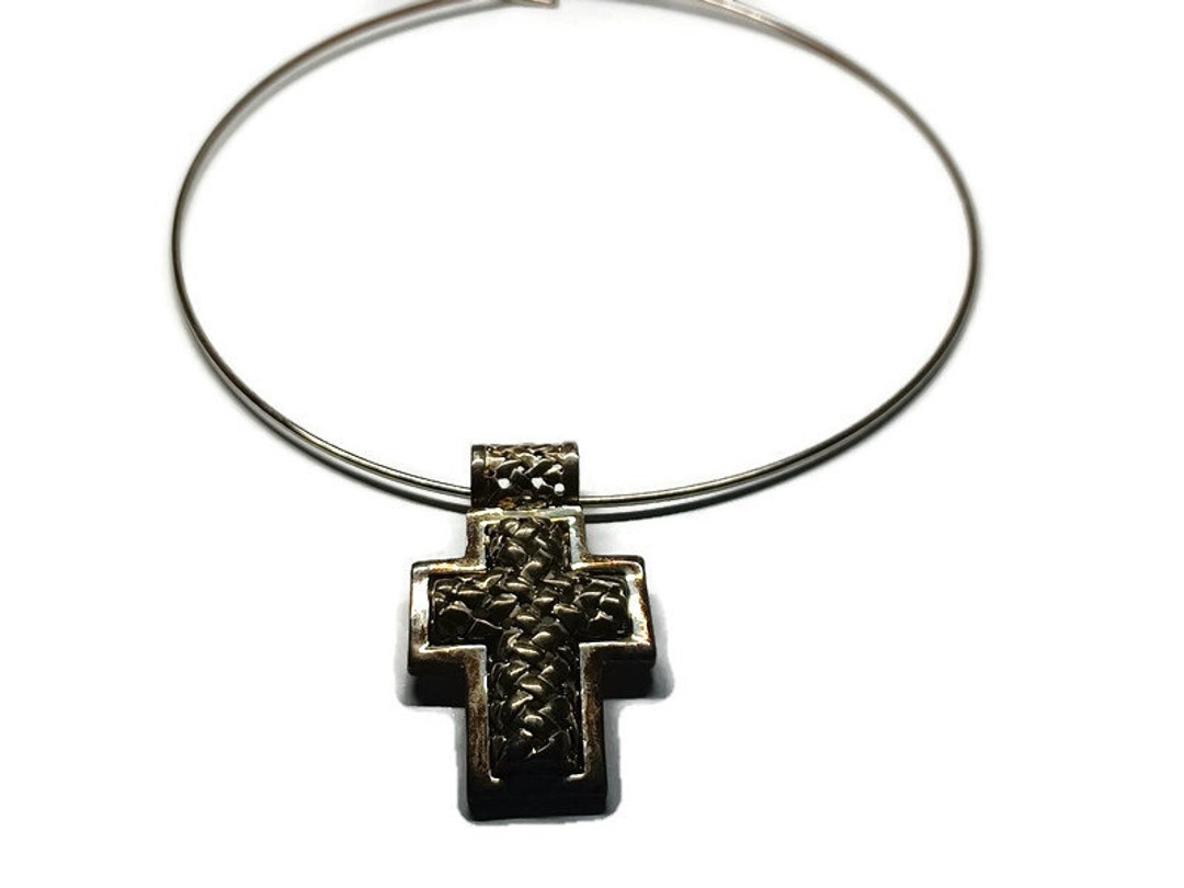 Vintage Silver Tone Pewter Cross Necklace, Retro Religious