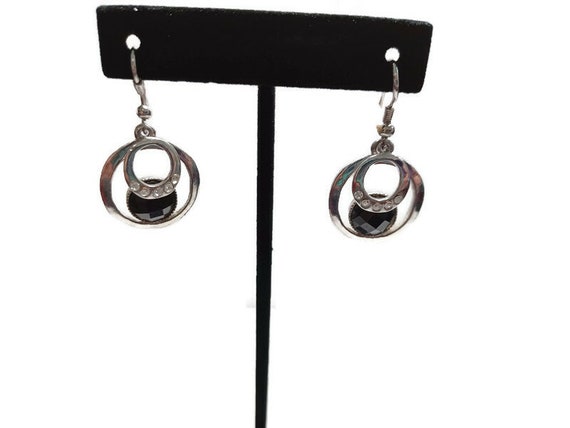 Vtg 90s Silver Hoops With Black Accents Earrings - image 1