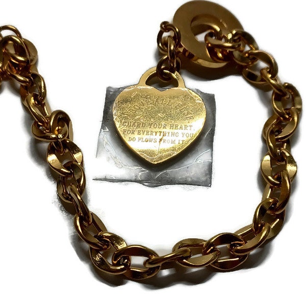 Vtg 90s NEW Gold Heart Proverbs 4:23 Toggle Bracelet