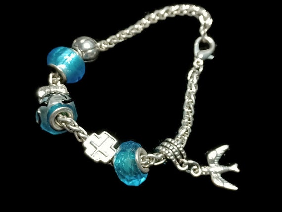 Vtg 90s Blue Art Glass Holy Spirit Charm Bracelet - image 2