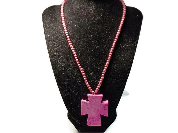 Vtg 80s Rhodonite Bead Maltese Style Cross Neckla… - image 1